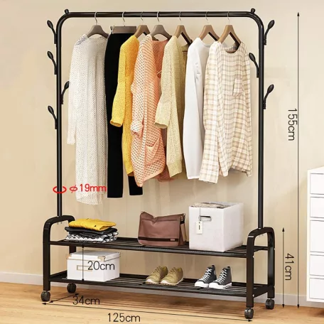Ruhaállvány cipőtartóval kerekekkel fém 155 x 34 x 125 cm CR002-125