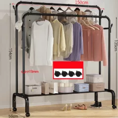   Ruhaállvány cipőtartóval kerekekkel 154 x 58 x 150 cm fekete CR007-150