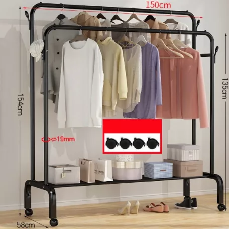 Ruhaállvány cipőtartóval kerekekkel 154 x 58 x 150 cm fekete CR007-150