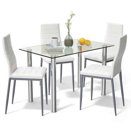 Étkezőasztal szett 4 db kárpitozott szék üveg asztallap fehér BC FUR-154-258-WHITE