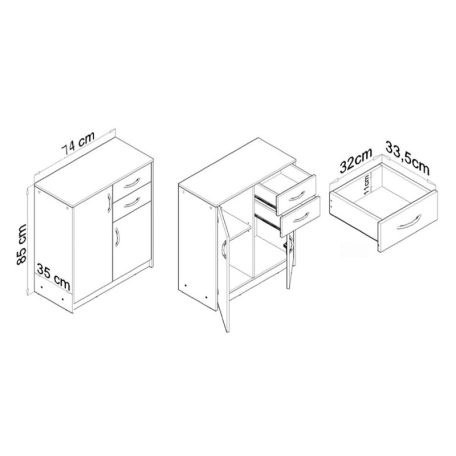 Komód hálószoba nappali bútor 2 ajtós 2 fiókos szekrény 74x85x35 cm fehér FUR1662